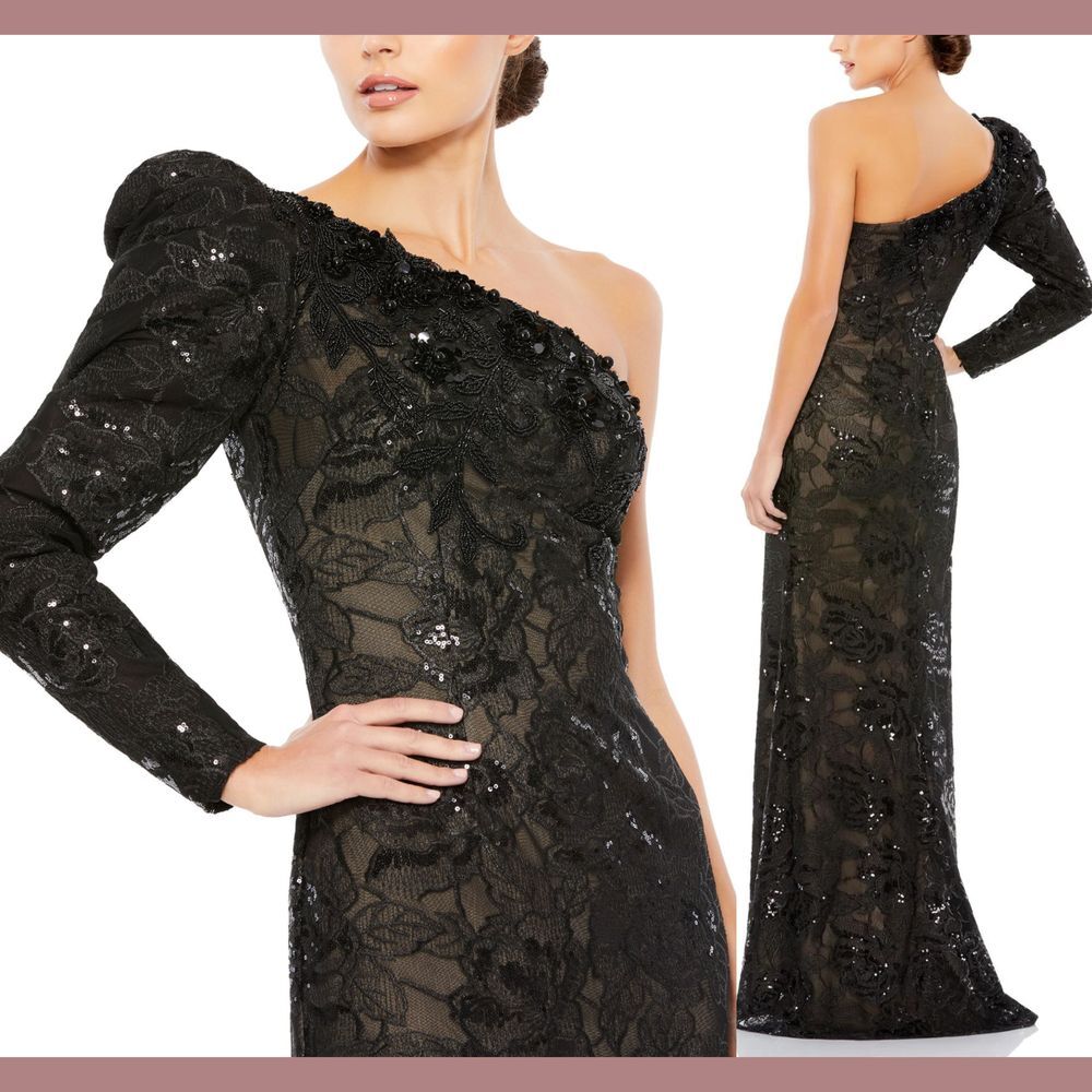NWT $698 Mac Duggal [ 10 ] Embellished One‎ Puff Sleeve Trumpet Gown Black G1646 - Picture 2 of 16